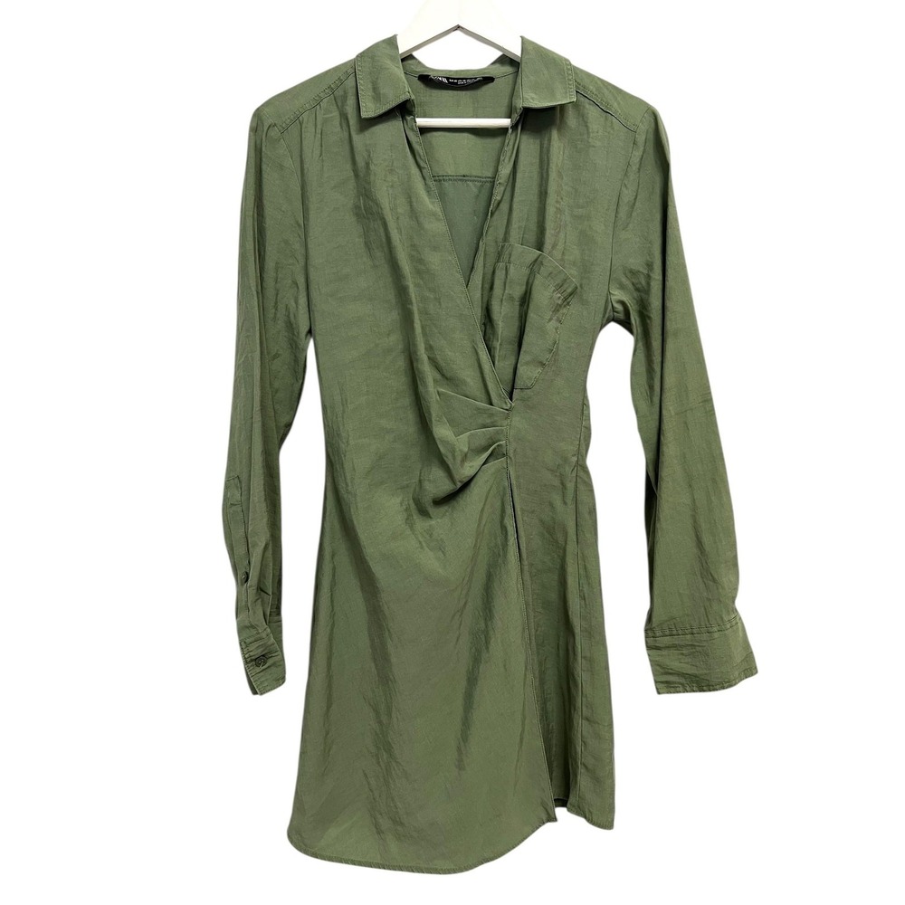 Zara Dress Womens XS Green Short Collared Wrap Shirt Dress Long Sleeve Twist